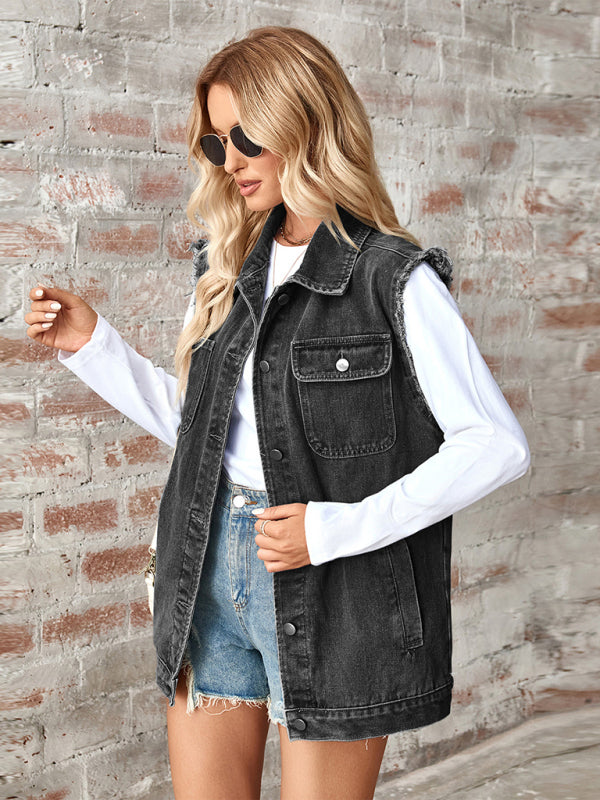 New Washed Denim Loose Vest Waistcoat Cardigan Top-[Adult]-[Female]-2022 Online Blue Zone Planet