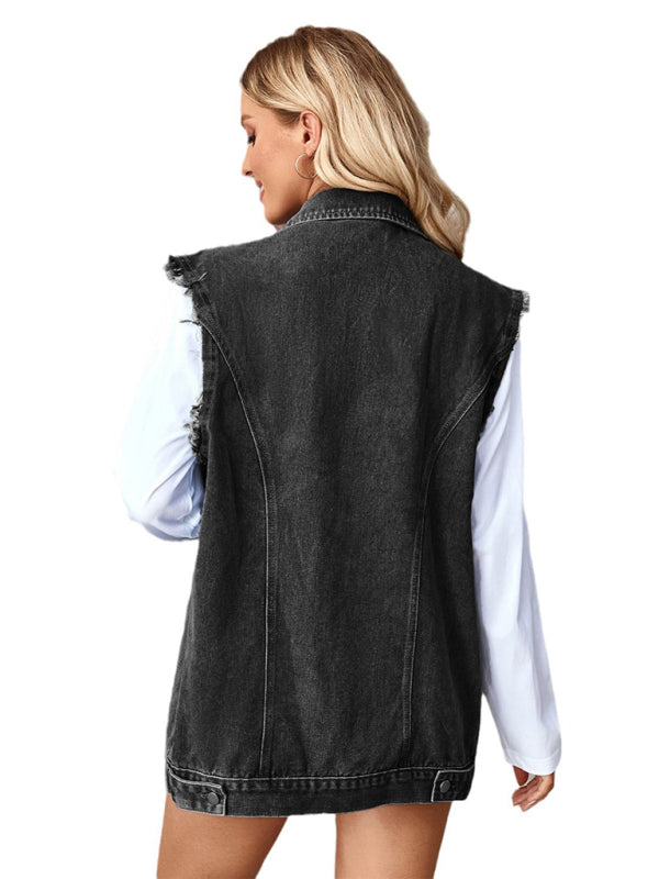 New Washed Denim Loose Vest Waistcoat Cardigan Top-[Adult]-[Female]-2022 Online Blue Zone Planet