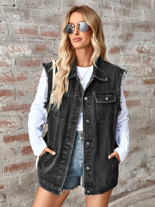 New Washed Denim Loose Vest Waistcoat Cardigan Top-[Adult]-[Female]-2022 Online Blue Zone Planet