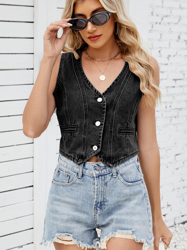 Washed Denim Vest Hot Girl Vest Top-[Adult]-[Female]-Black-S-2022 Online Blue Zone Planet