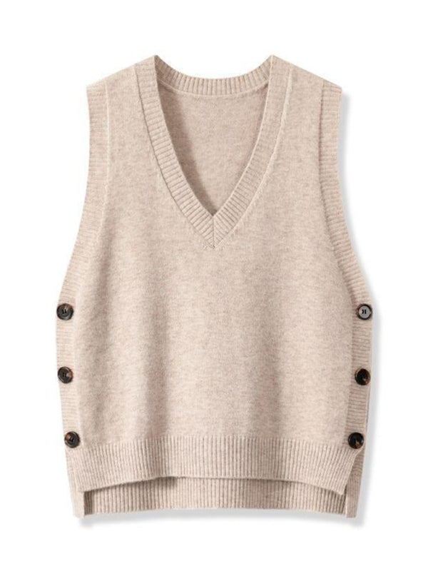 New Retro V-neck Knitted Vest Solid Color Casual Sweater Vest-[Adult]-[Female]-Cracker khaki-S-2022 Online Blue Zone Planet