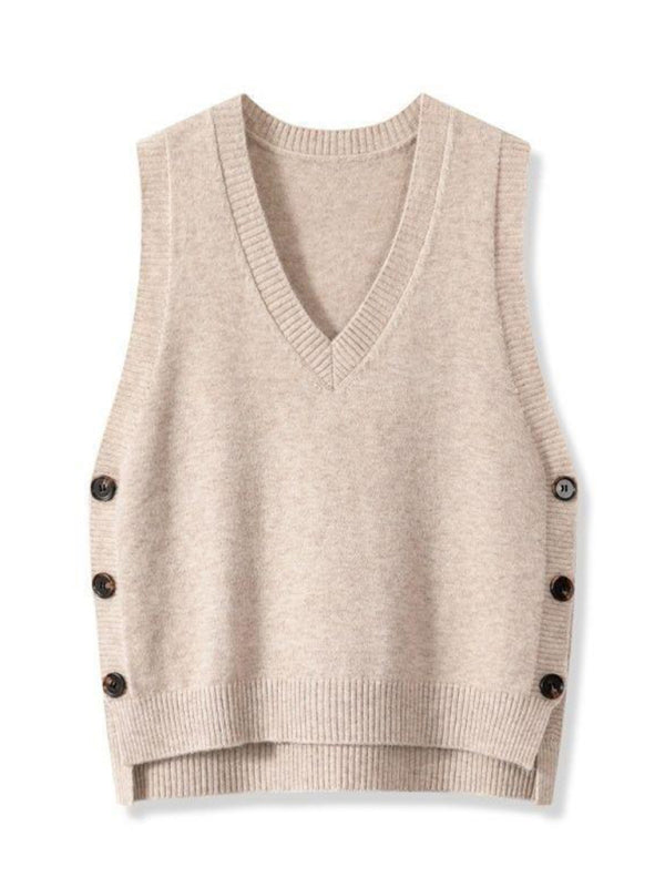 New Retro V-neck Knitted Vest Solid Color Casual Sweater Vest-[Adult]-[Female]-2022 Online Blue Zone Planet