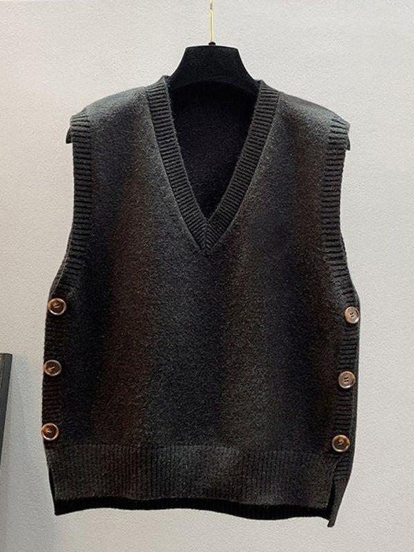 New Retro V-neck Knitted Vest Solid Color Casual Sweater Vest-[Adult]-[Female]-Black-S-2022 Online Blue Zone Planet