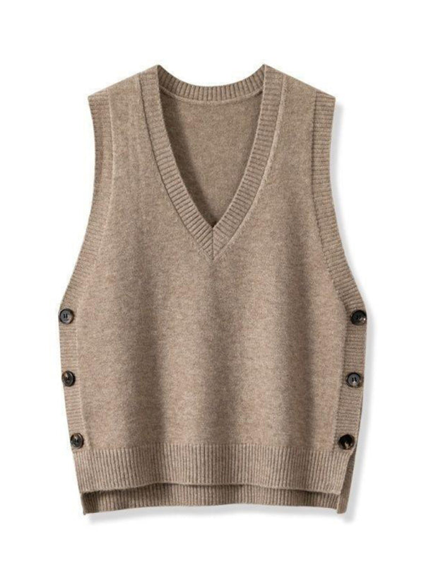 New Retro V-neck Knitted Vest Solid Color Casual Sweater Vest-[Adult]-[Female]-Khaki-S-2022 Online Blue Zone Planet