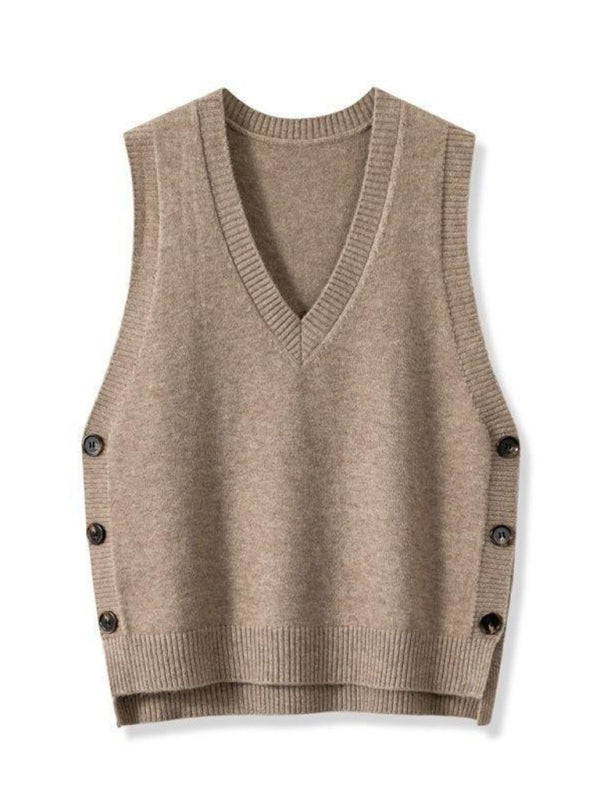 New Retro V-neck Knitted Vest Solid Color Casual Sweater Vest-[Adult]-[Female]-2022 Online Blue Zone Planet