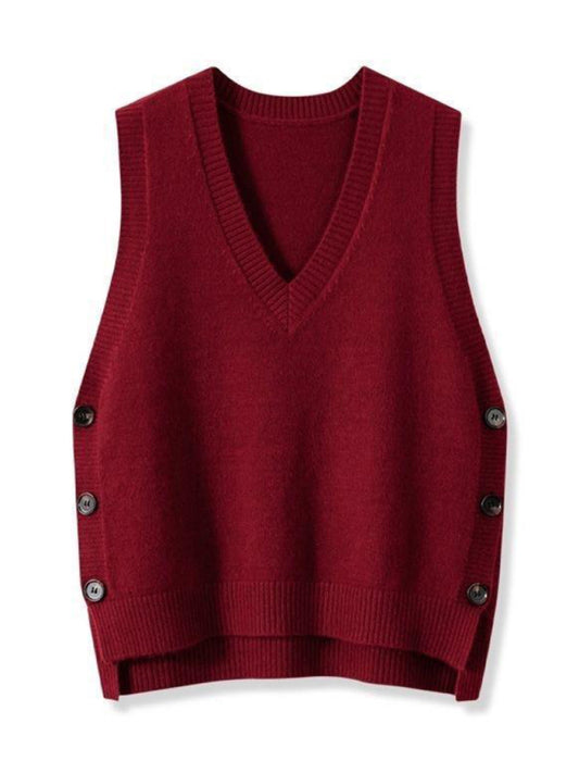 New Retro V-neck Knitted Vest Solid Color Casual Sweater Vest-[Adult]-[Female]-Red-S-2022 Online Blue Zone Planet