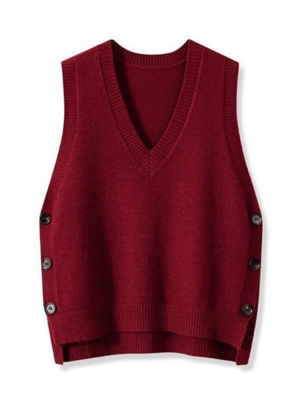 New Retro V-neck Knitted Vest Solid Color Casual Sweater Vest-[Adult]-[Female]-2022 Online Blue Zone Planet