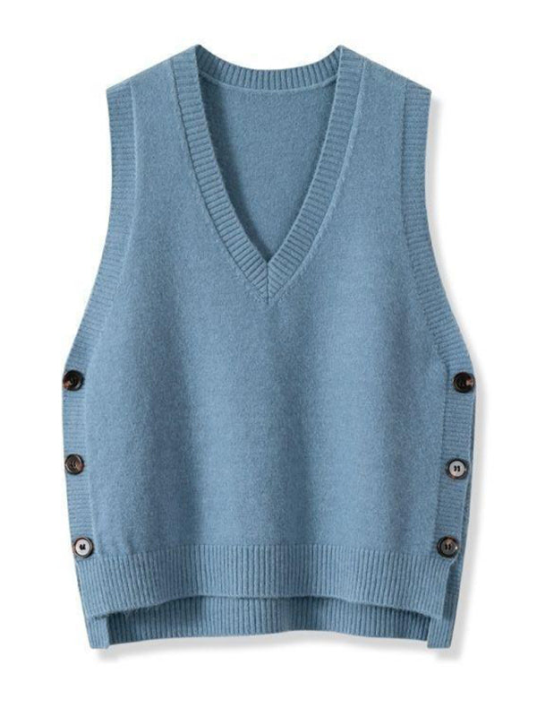 New Retro V-neck Knitted Vest Solid Color Casual Sweater Vest-[Adult]-[Female]-2022 Online Blue Zone Planet