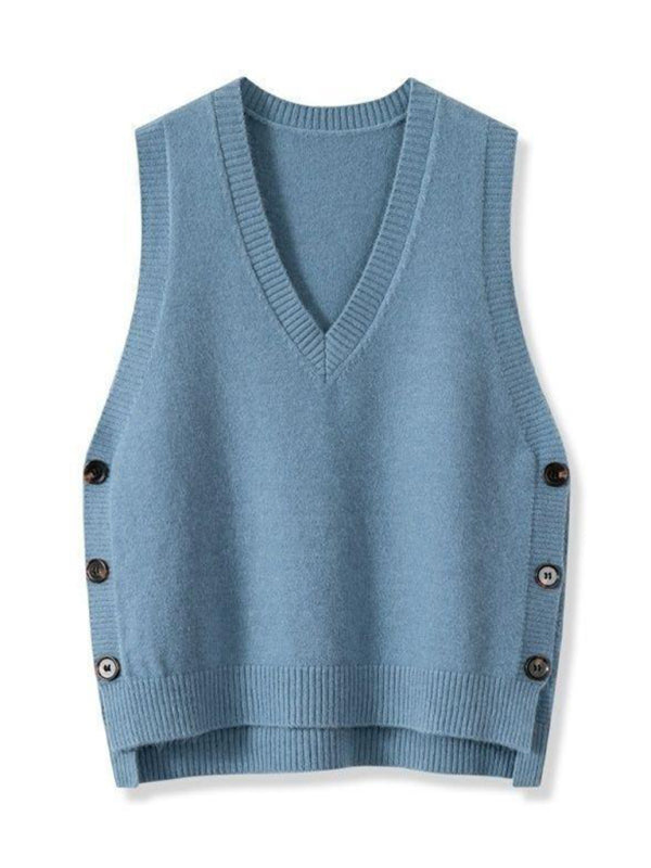 New Retro V-neck Knitted Vest Solid Color Casual Sweater Vest-[Adult]-[Female]-2022 Online Blue Zone Planet