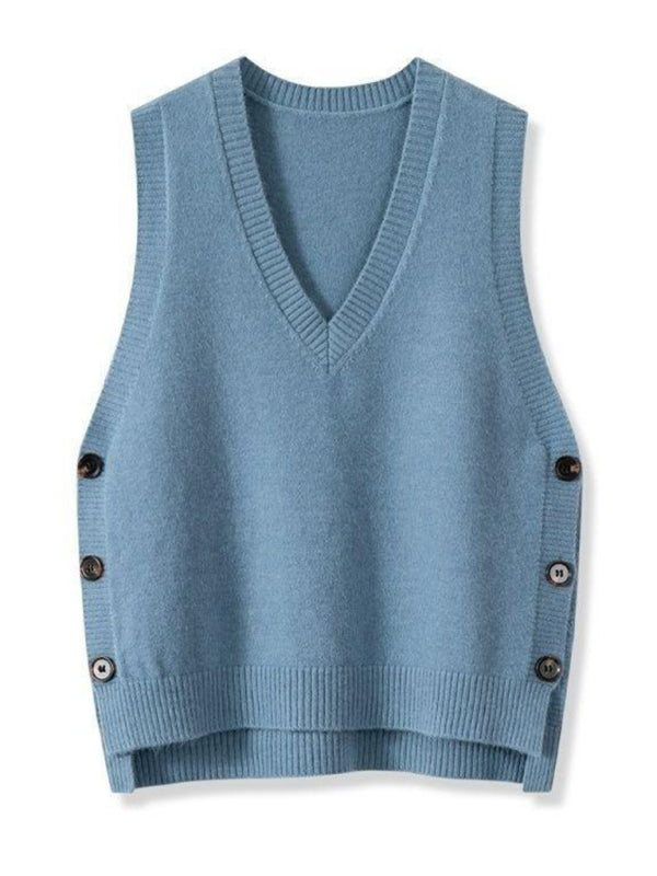 New Retro V-neck Knitted Vest Solid Color Casual Sweater Vest-[Adult]-[Female]-Sky blue azure-S-2022 Online Blue Zone Planet