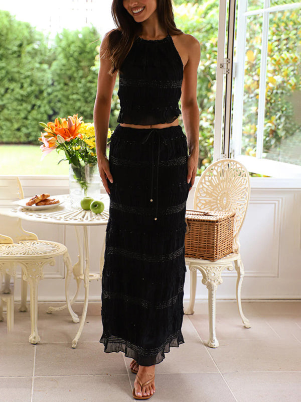 Ava's Sleeveless Chiffon Elastic Waist Maxi Two-Piece Suit-TOPS / DRESSES-[Adult]-[Female]-Black-S-2022 Online Blue Zone Planet