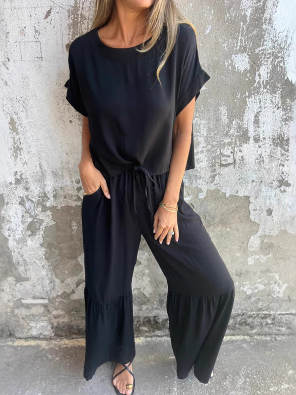 New solid color short-sleeved trousers casual two-piece suit-[Adult]-[Female]-Black-S-2022 Online Blue Zone Planet