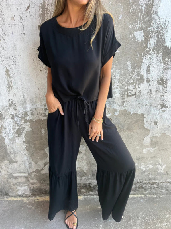 New solid color short-sleeved trousers casual two-piece suit-[Adult]-[Female]-2022 Online Blue Zone Planet