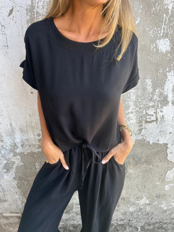 New solid color short-sleeved trousers casual two-piece suit-[Adult]-[Female]-2022 Online Blue Zone Planet