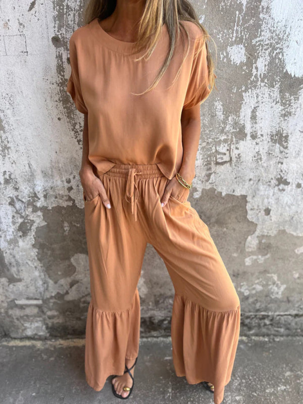 New solid color short-sleeved trousers casual two-piece suit-[Adult]-[Female]-2022 Online Blue Zone Planet