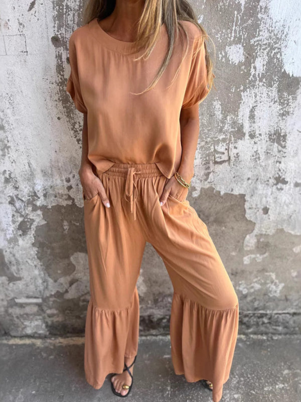 New solid color short-sleeved trousers casual two-piece suit-[Adult]-[Female]-Orange-S-2022 Online Blue Zone Planet