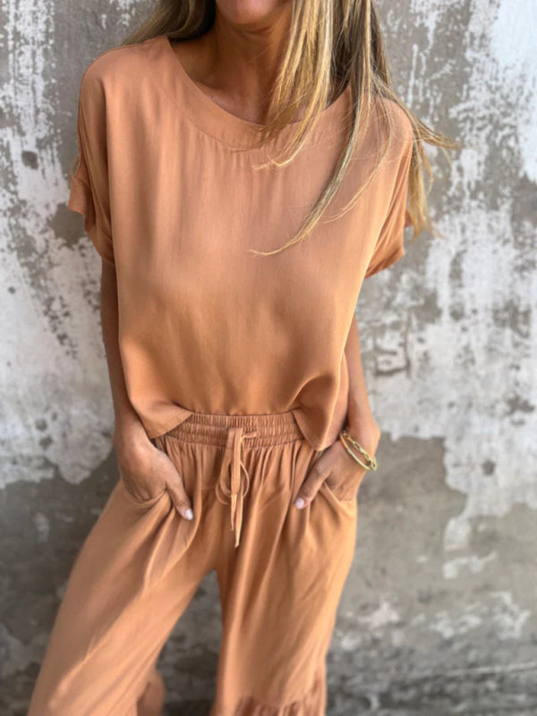 New solid color short-sleeved trousers casual two-piece suit-[Adult]-[Female]-2022 Online Blue Zone Planet