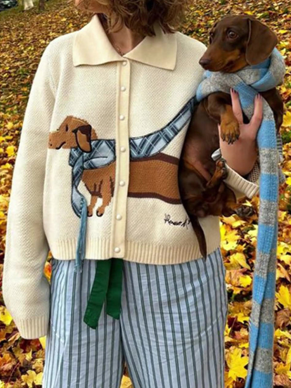 Fashion new autumn and winter cute short lapel puppy pattern sweater cardigan-[Adult]-[Female]-2022 Online Blue Zone Planet