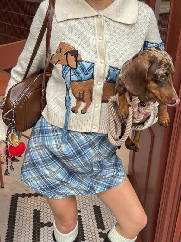 Fashion new autumn and winter cute short lapel puppy pattern sweater cardigan-[Adult]-[Female]-2022 Online Blue Zone Planet