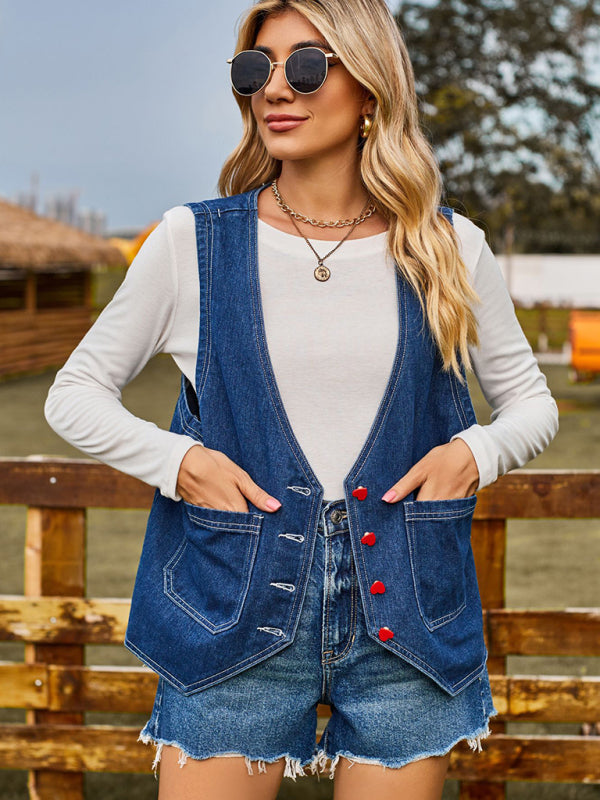 New vest fashion heart button trend denim sleeveless vest-[Adult]-[Female]-2022 Online Blue Zone Planet