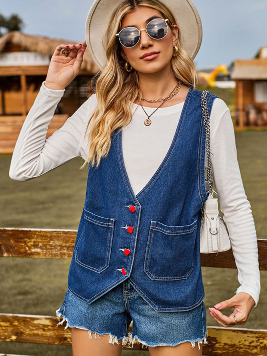New vest fashion heart button trend denim sleeveless vest-[Adult]-[Female]-Blue-S-2022 Online Blue Zone Planet