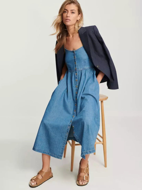 Fashionable Denim Spaghetti Strap Midi Dress-TOPS / DRESSES-[Adult]-[Female]-2022 Online Blue Zone Planet