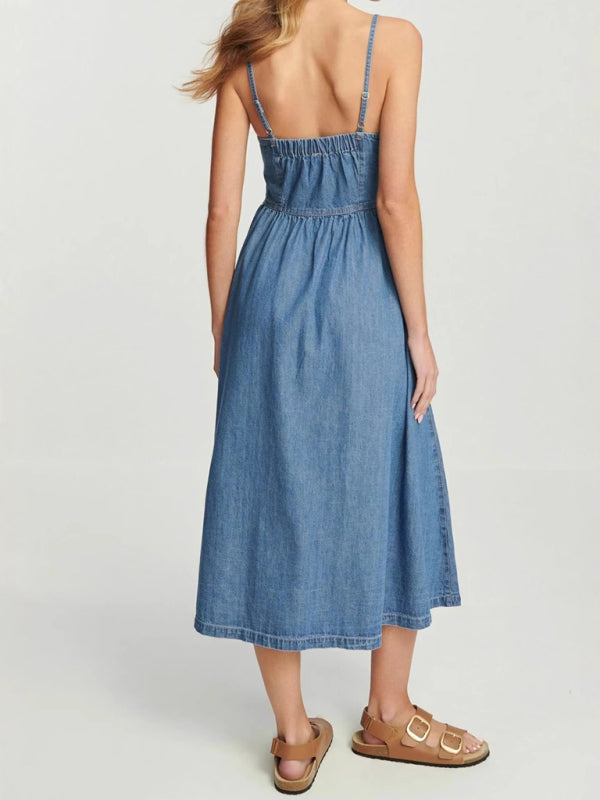 Fashionable Denim Spaghetti Strap Midi Dress-TOPS / DRESSES-[Adult]-[Female]-2022 Online Blue Zone Planet