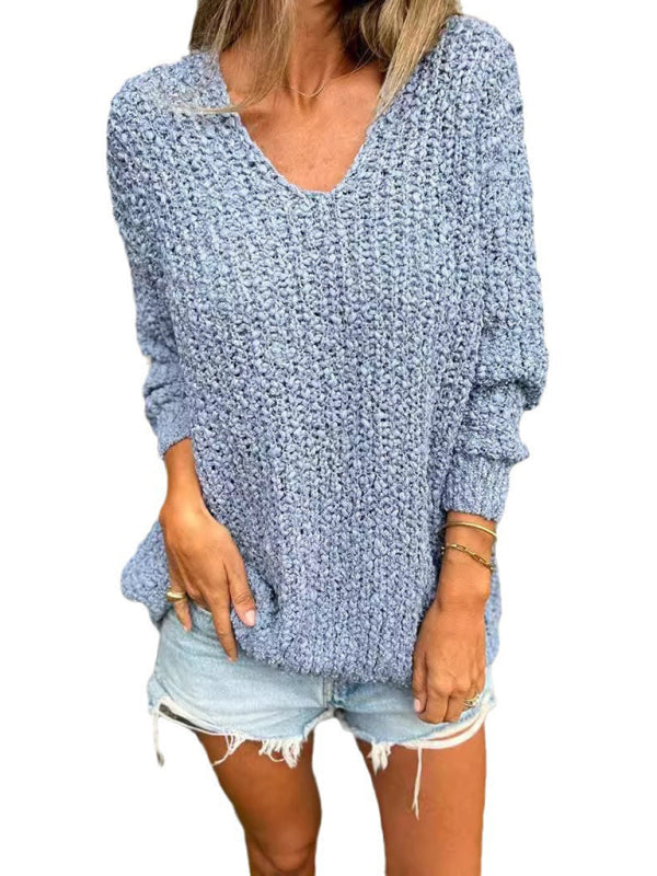 New Chunky Flower Knitted V-Neck Lazy Long Sleeve Sweater-[Adult]-[Female]-2022 Online Blue Zone Planet