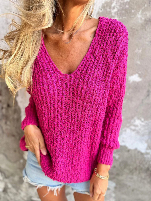 New Chunky Flower Knitted V-Neck Lazy Long Sleeve Sweater-[Adult]-[Female]-2022 Online Blue Zone Planet