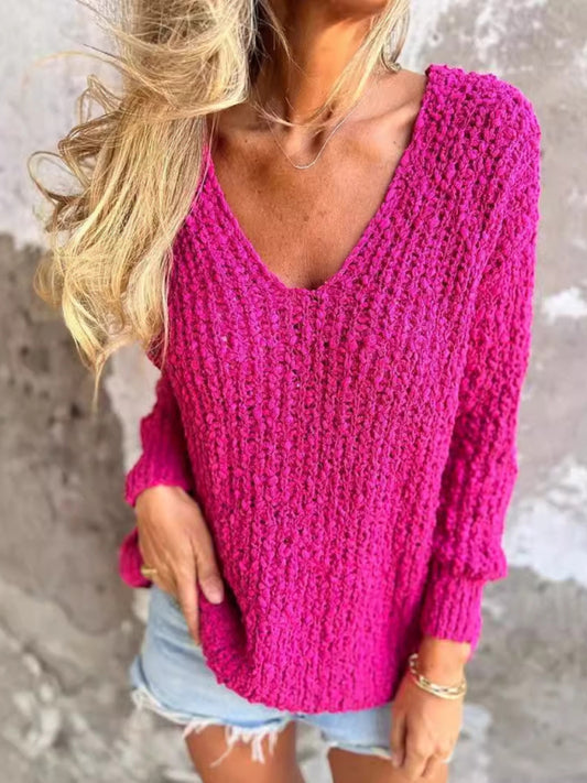 New Chunky Flower Knitted V-Neck Lazy Long Sleeve Sweater-[Adult]-[Female]-2022 Online Blue Zone Planet