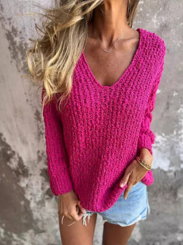 New Chunky Flower Knitted V-Neck Lazy Long Sleeve Sweater-[Adult]-[Female]-2022 Online Blue Zone Planet