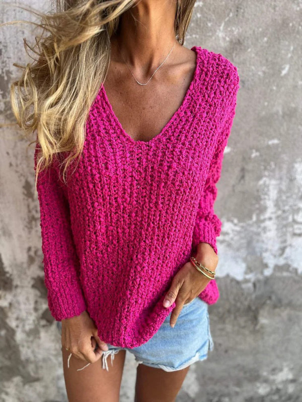 New Chunky Flower Knitted V-Neck Lazy Long Sleeve Sweater-[Adult]-[Female]-2022 Online Blue Zone Planet