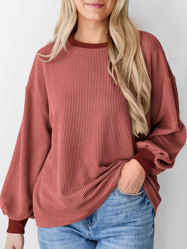 Textured Small Pit Stripe Loose Long-sleeved Top-TOPS / DRESSES-[Adult]-[Female]-Brick red-S-2022 Online Blue Zone Planet