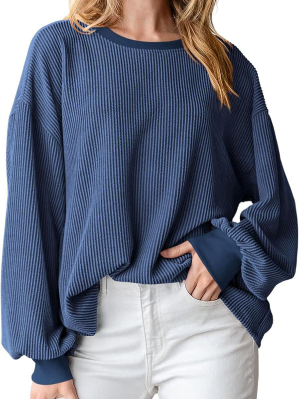 Textured Small Pit Stripe Loose Long-sleeved Top-TOPS / DRESSES-[Adult]-[Female]-Purplish blue navy-S-2022 Online Blue Zone Planet