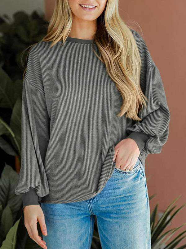 Textured Small Pit Stripe Loose Long-sleeved Top-TOPS / DRESSES-[Adult]-[Female]-Grey-S-2022 Online Blue Zone Planet