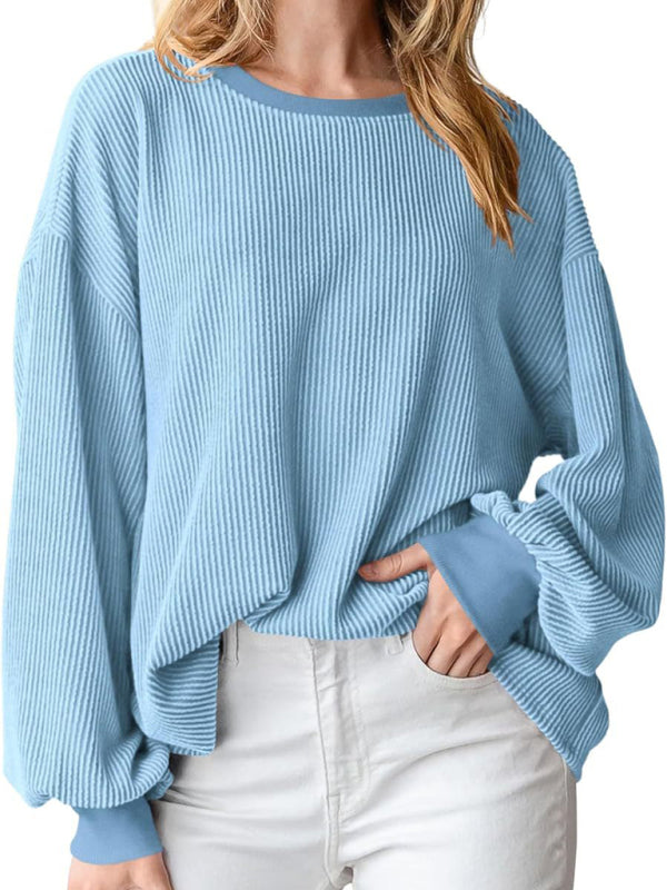 Textured Small Pit Stripe Loose Long-sleeved Top-TOPS / DRESSES-[Adult]-[Female]-2022 Online Blue Zone Planet