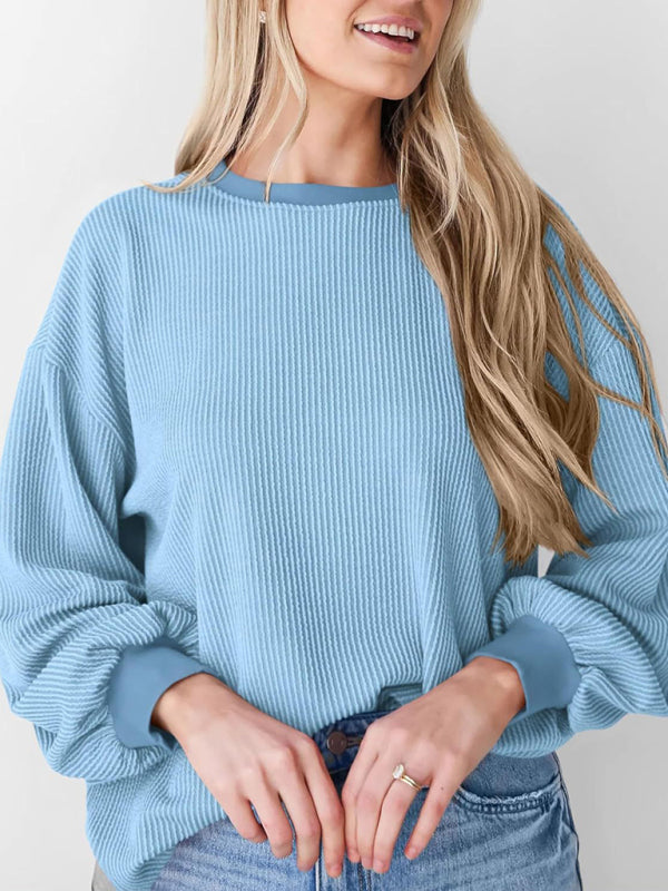 Textured Small Pit Stripe Loose Long-sleeved Top-TOPS / DRESSES-[Adult]-[Female]-2022 Online Blue Zone Planet