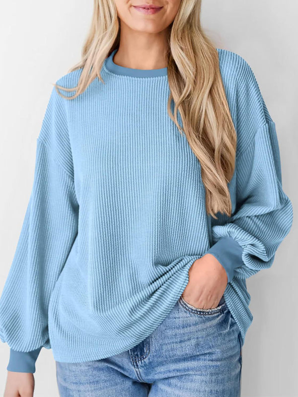 Textured Small Pit Stripe Loose Long-sleeved Top-TOPS / DRESSES-[Adult]-[Female]-Clear blue-S-2022 Online Blue Zone Planet