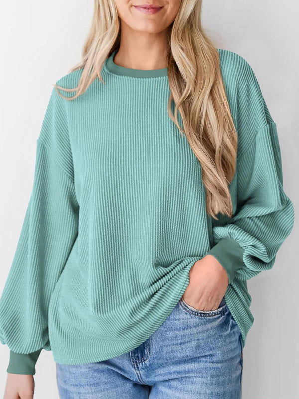 Textured Small Pit Stripe Loose Long-sleeved Top-TOPS / DRESSES-[Adult]-[Female]-Pale green-S-2022 Online Blue Zone Planet