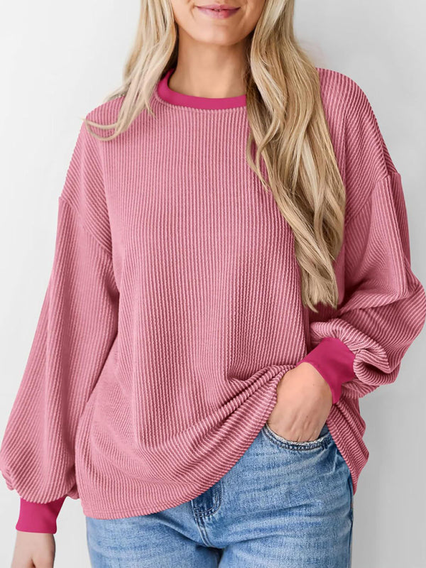 Textured Small Pit Stripe Loose Long-sleeved Top-TOPS / DRESSES-[Adult]-[Female]-Pink-S-2022 Online Blue Zone Planet