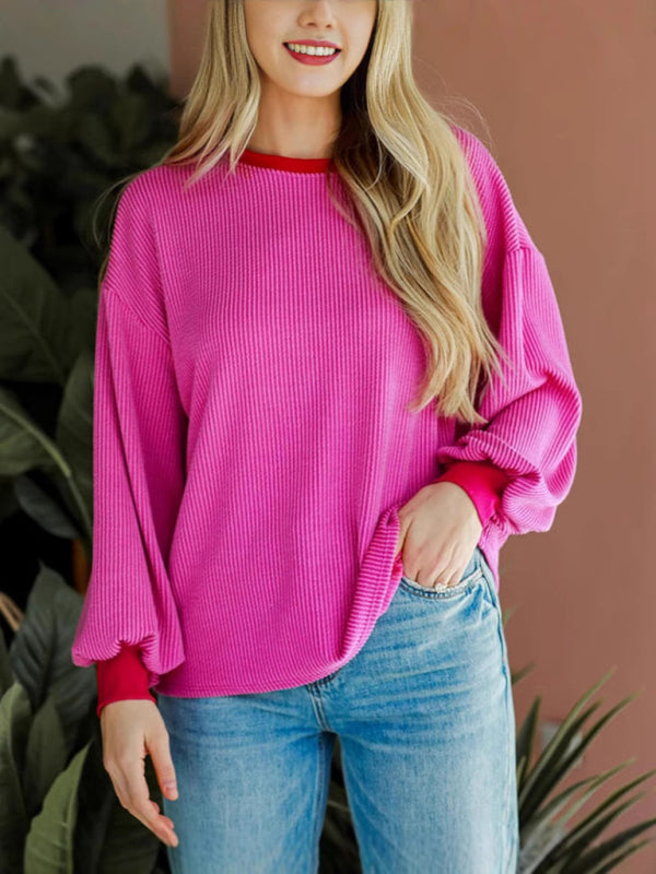 Textured Small Pit Stripe Loose Long-sleeved Top-TOPS / DRESSES-[Adult]-[Female]-Rose-S-2022 Online Blue Zone Planet