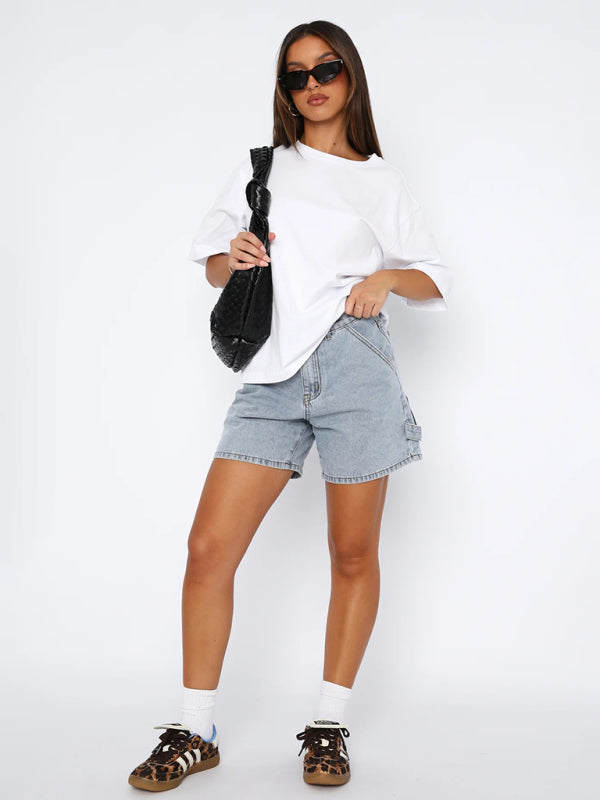 New casual denim straight shorts-[Adult]-[Female]-2022 Online Blue Zone Planet