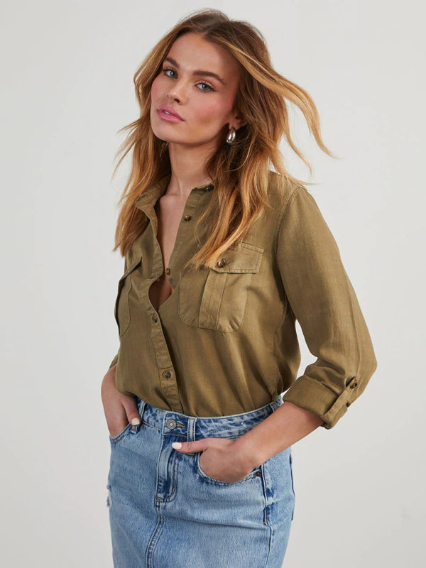 New casual lapel single-breasted women's long-sleeved denim-[Adult]-[Female]-2022 Online Blue Zone Planet