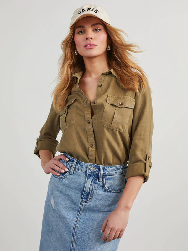 New casual lapel single-breasted women's long-sleeved denim-[Adult]-[Female]-2022 Online Blue Zone Planet