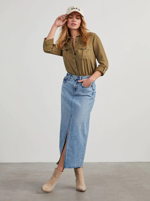 New casual lapel single-breasted women's long-sleeved denim-[Adult]-[Female]-2022 Online Blue Zone Planet