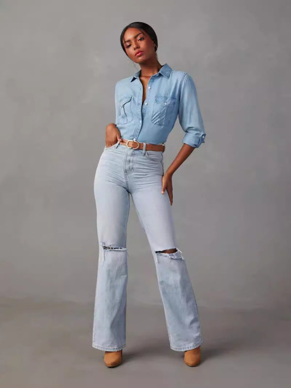 New casual lapel single-breasted women's long-sleeved denim-[Adult]-[Female]-2022 Online Blue Zone Planet