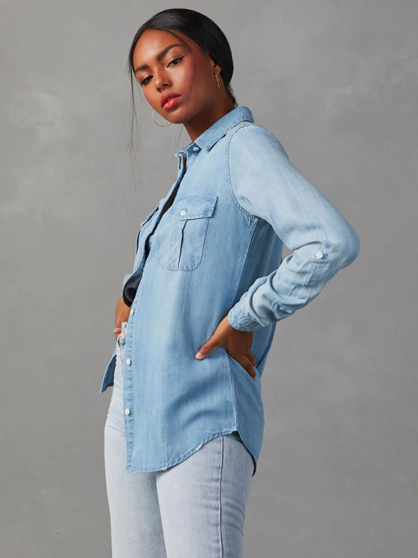 New casual lapel single-breasted women's long-sleeved denim-[Adult]-[Female]-2022 Online Blue Zone Planet