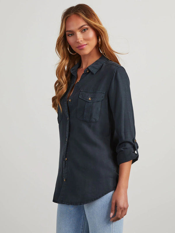 New casual lapel single-breasted women's long-sleeved denim-[Adult]-[Female]-2022 Online Blue Zone Planet