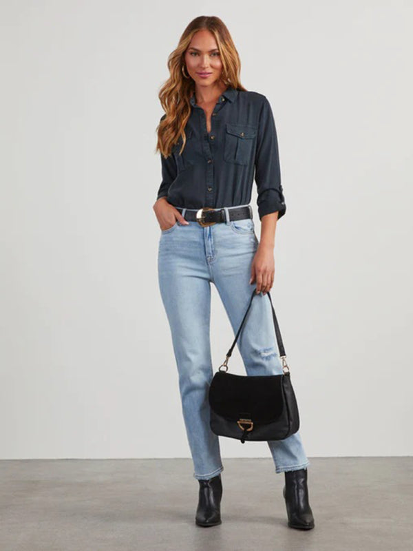 New casual lapel single-breasted women's long-sleeved denim-[Adult]-[Female]-2022 Online Blue Zone Planet