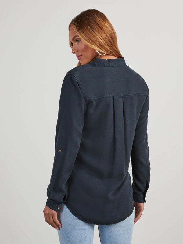 New casual lapel single-breasted women's long-sleeved denim-[Adult]-[Female]-2022 Online Blue Zone Planet